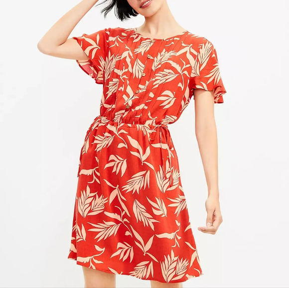 LOFT Palm Pintucked Side Tie Dress, Color Orange/Cream Size S - Picture 1 of 16